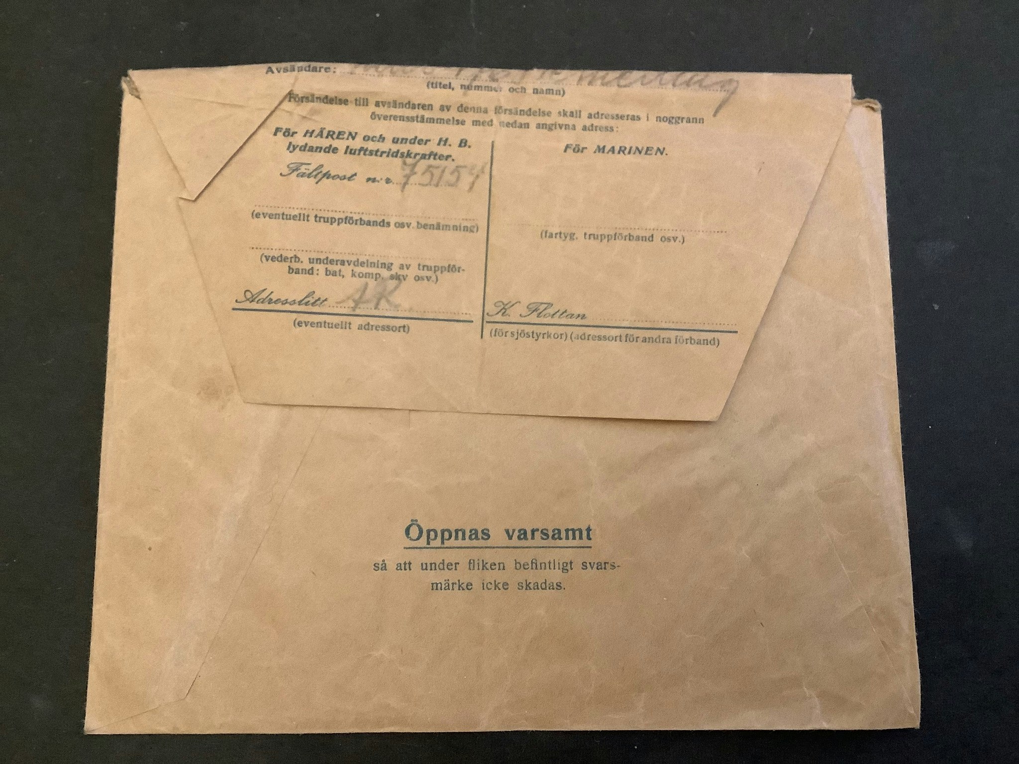 Militärbrev med försöksstämpel 751 53