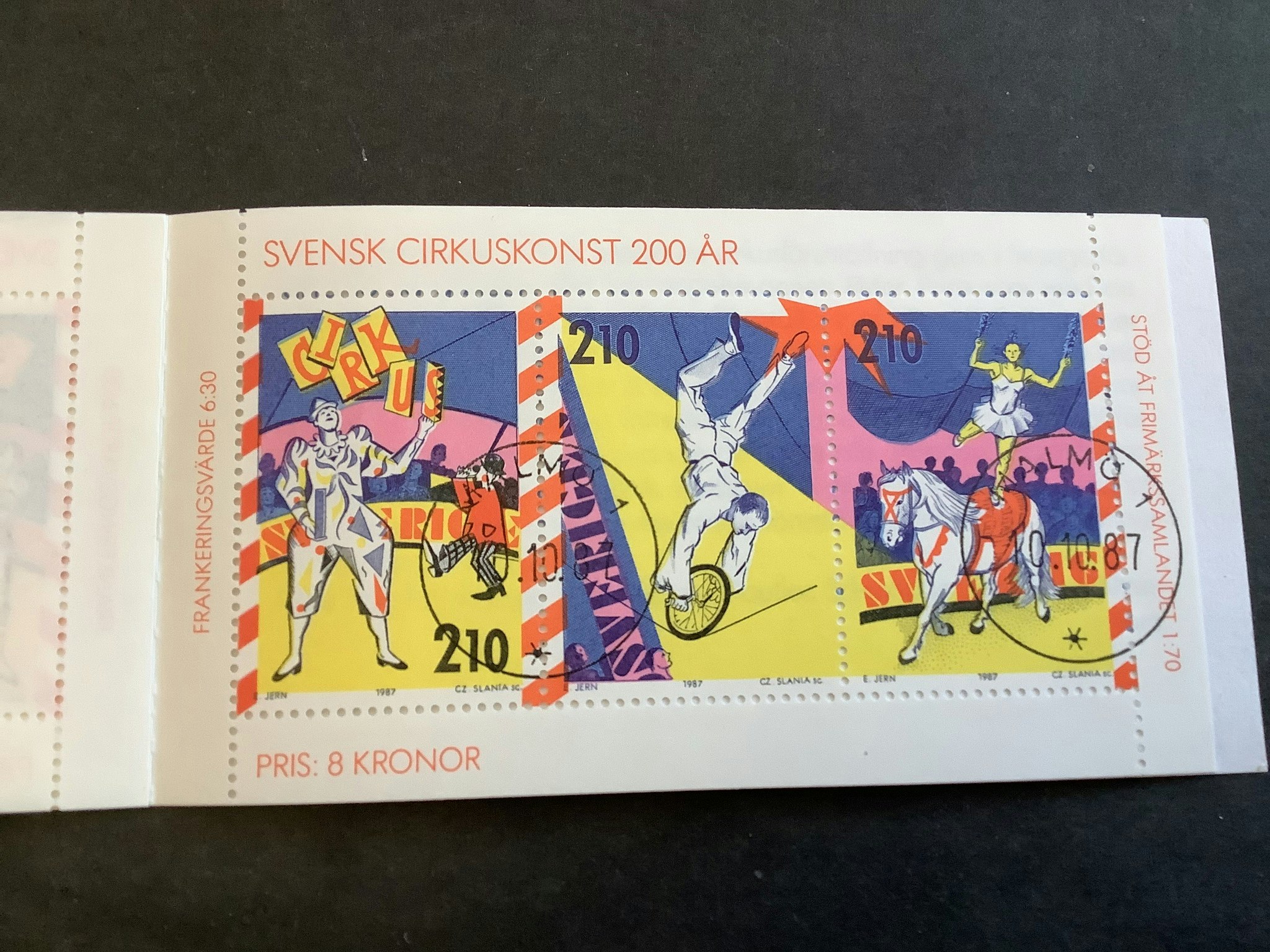 Cirkuskonsten i Sverige facit nr 1467-1469 stämplat häfte MALMÖ frimärkets dag