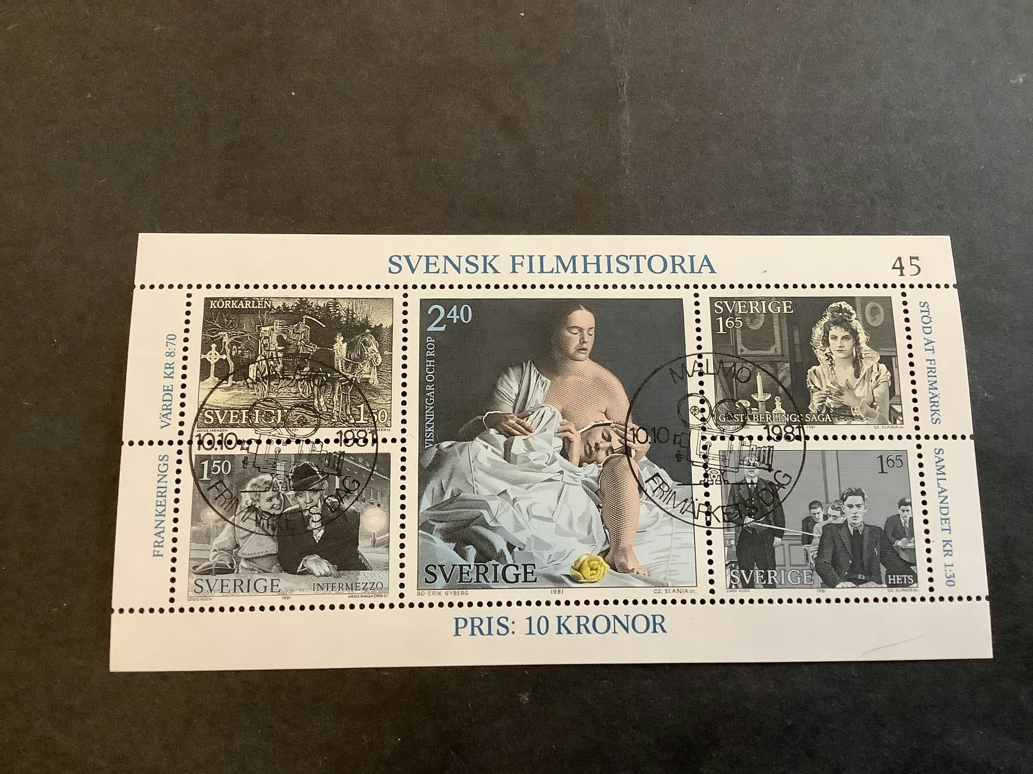 Svensk filmhistoria facit nr 1185-1189 lyxstämplat block MALMÖ frimärkets dag