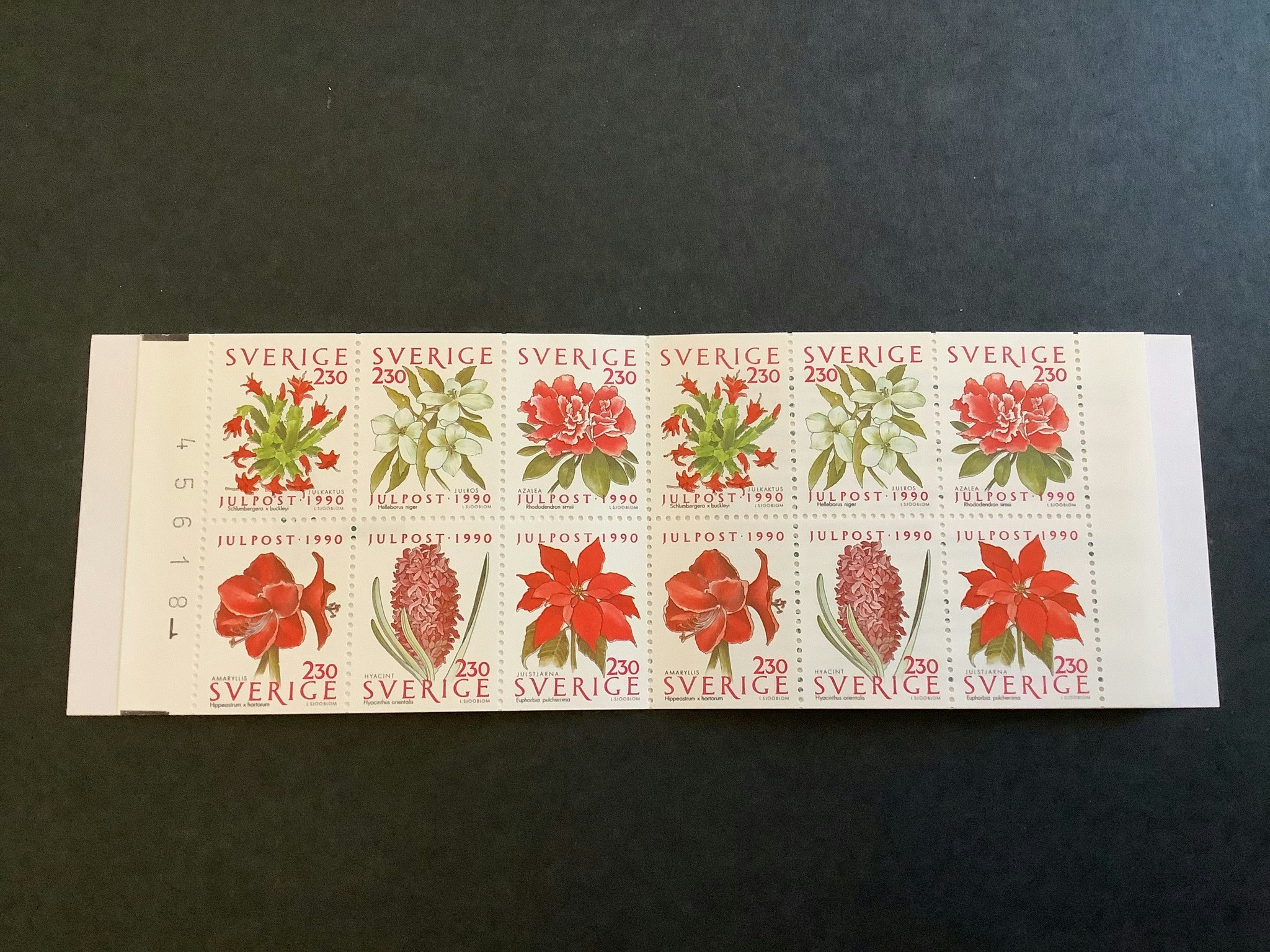 Inrikes julpost 1990 postfriskt häfte med cylindersiffra 1 och kontrollnummer