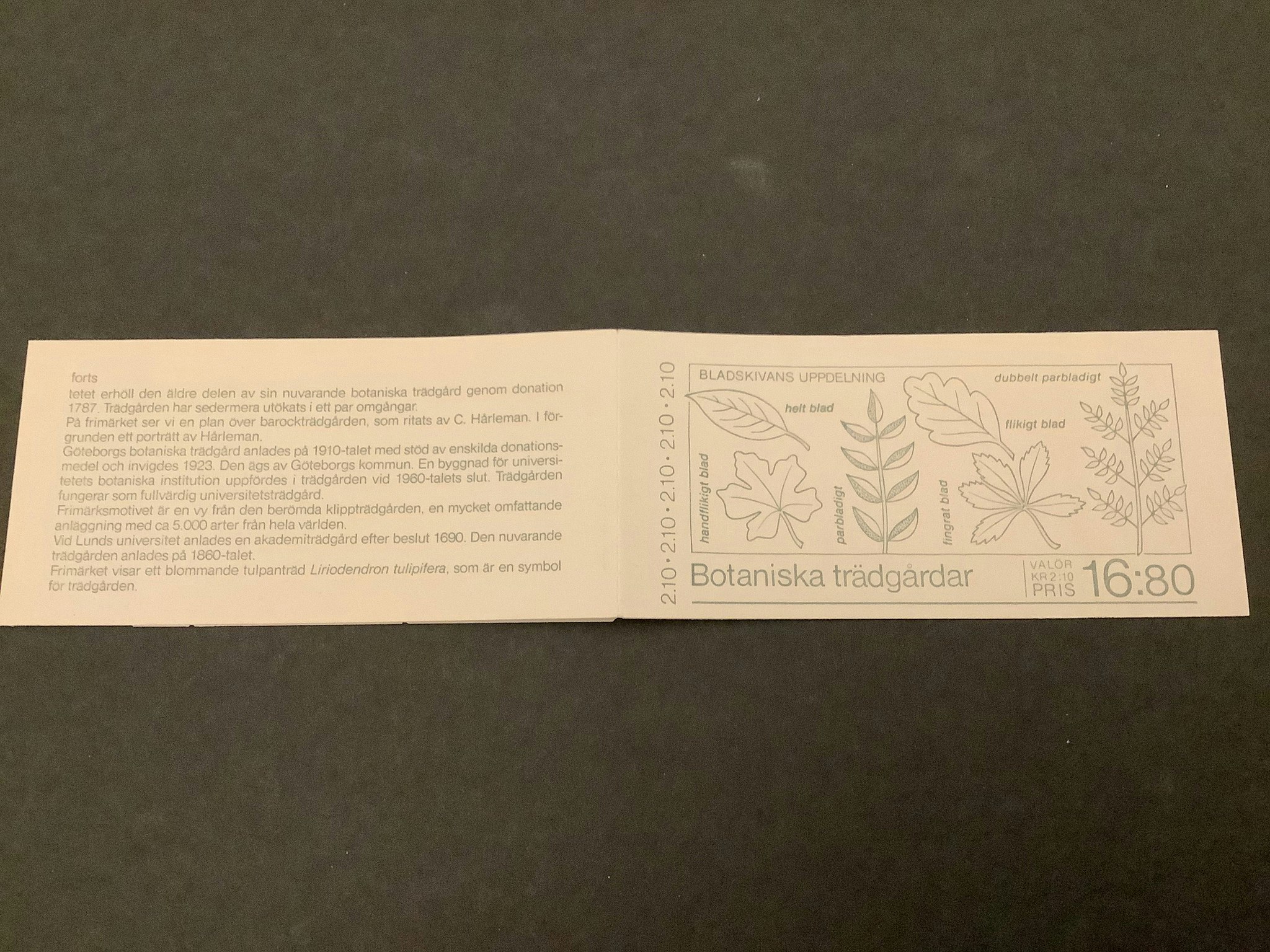 Botaniska trädgårdar 1987 postfriskt häfte med kontrollnummer