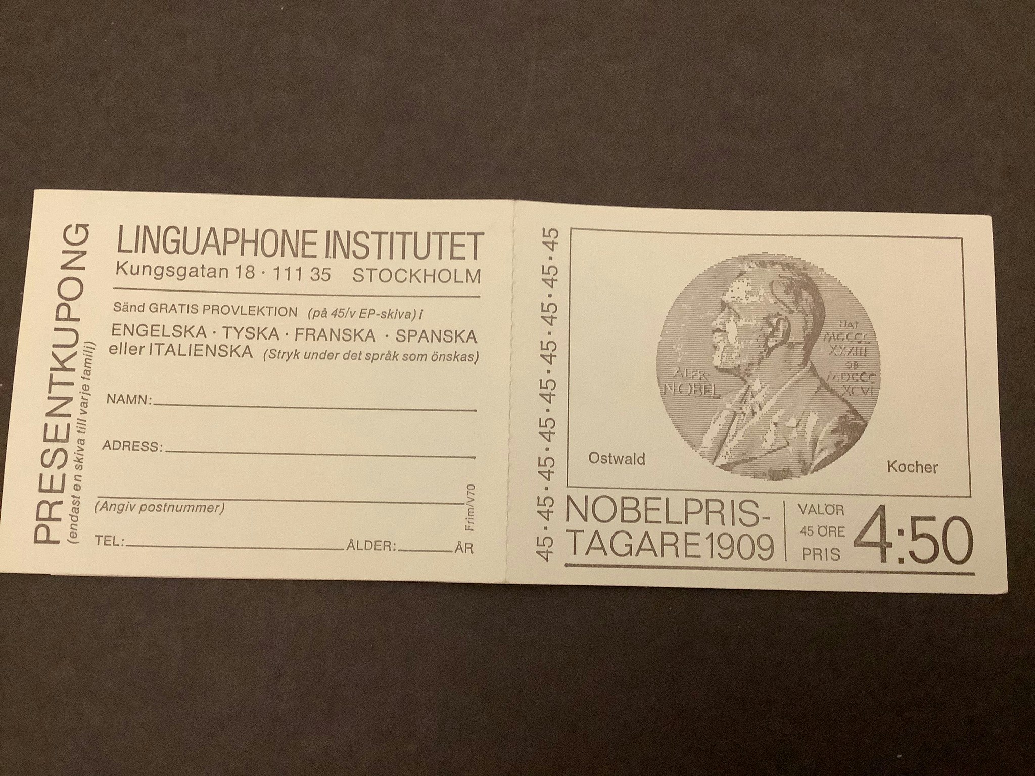 Nobelpristagare 1909 postfriskt häfte