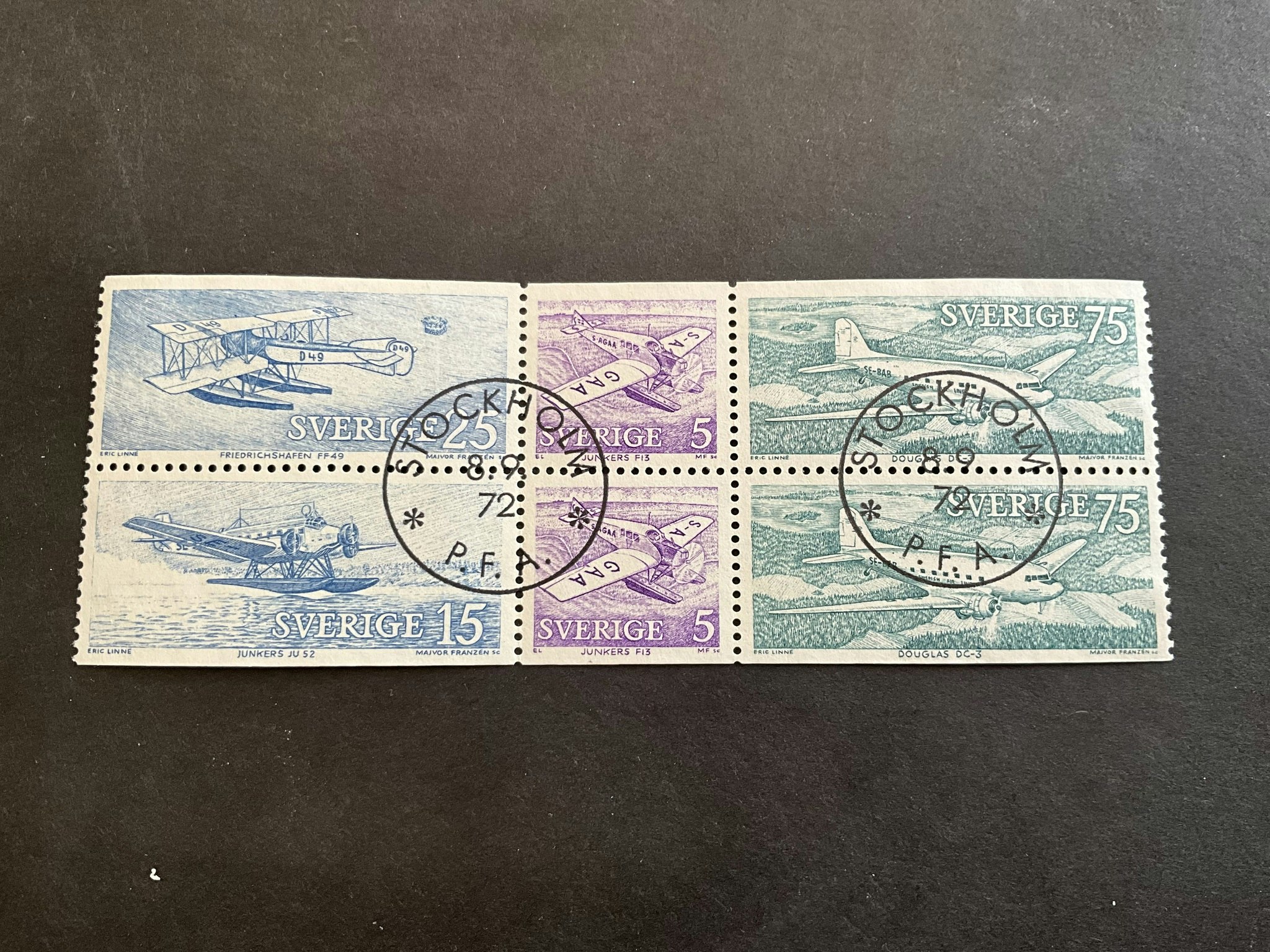 Postflyg facit nr 778-781 lyxstämplat block STOCKHOLM