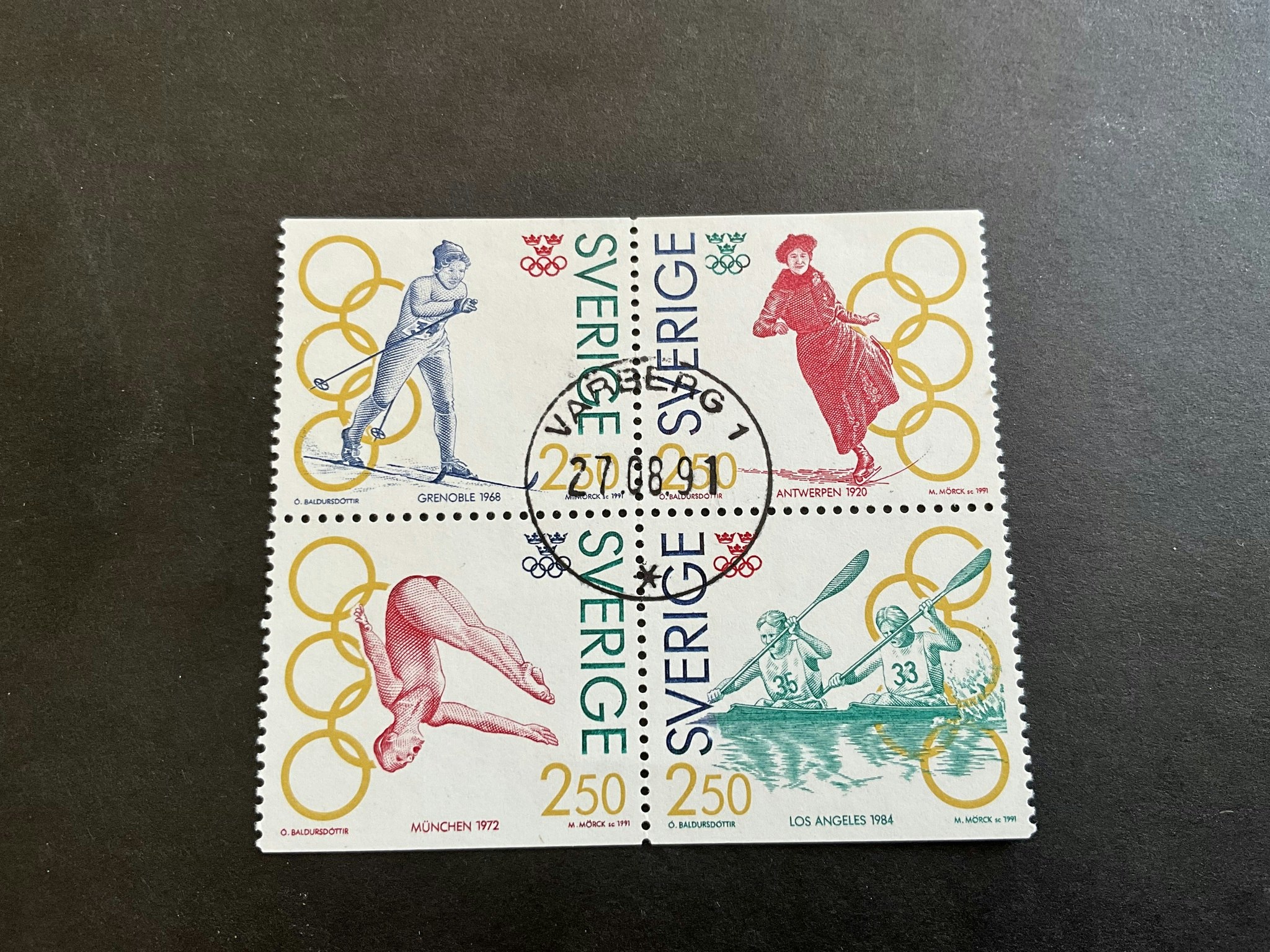 Olympiskt guld I facit nr 1697-1700 lyxstämplat block VARBERG 1