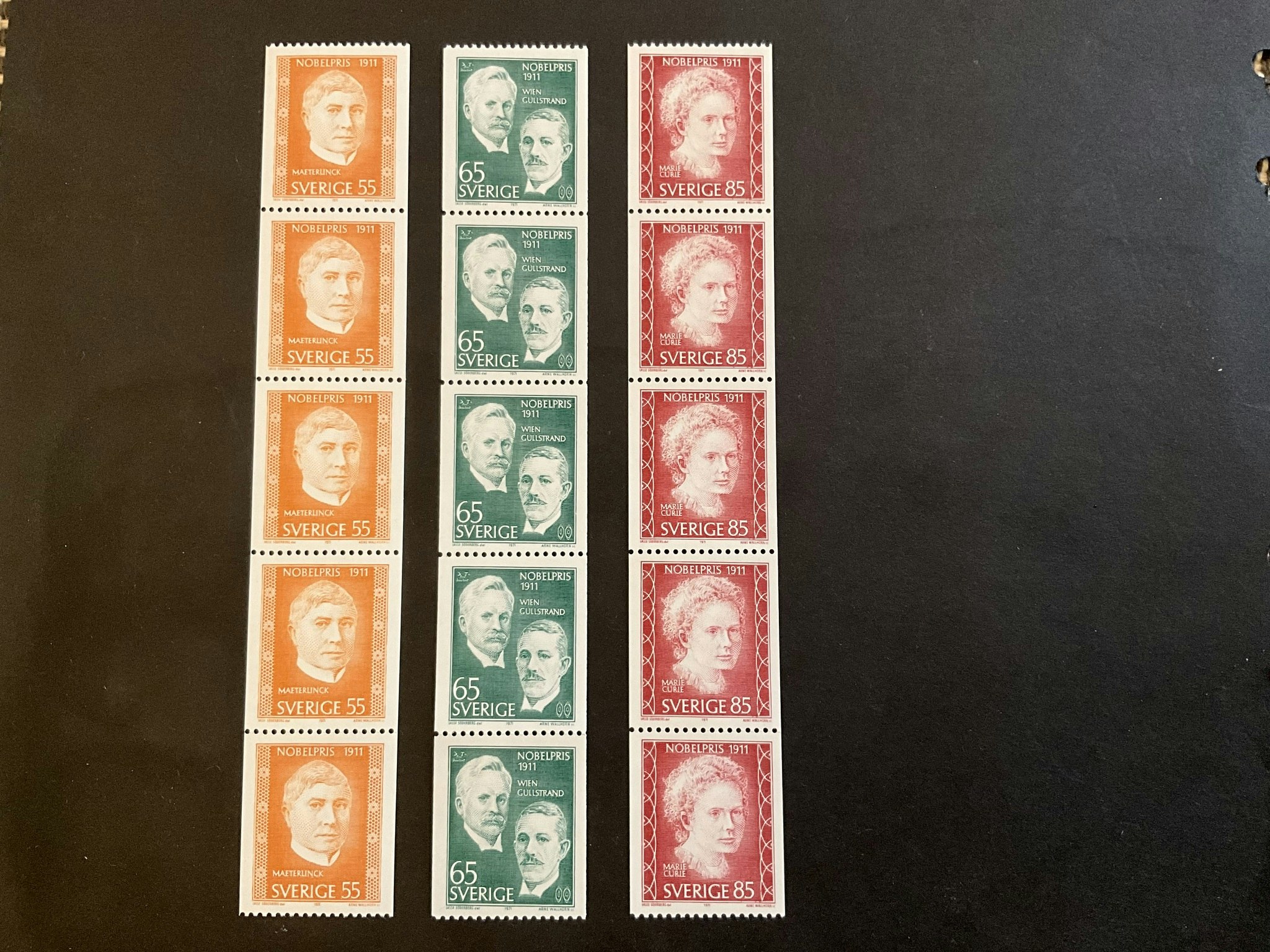 Nobelpristagare 1911 facit nr 751,752 och 753 i postfriska 5-strip