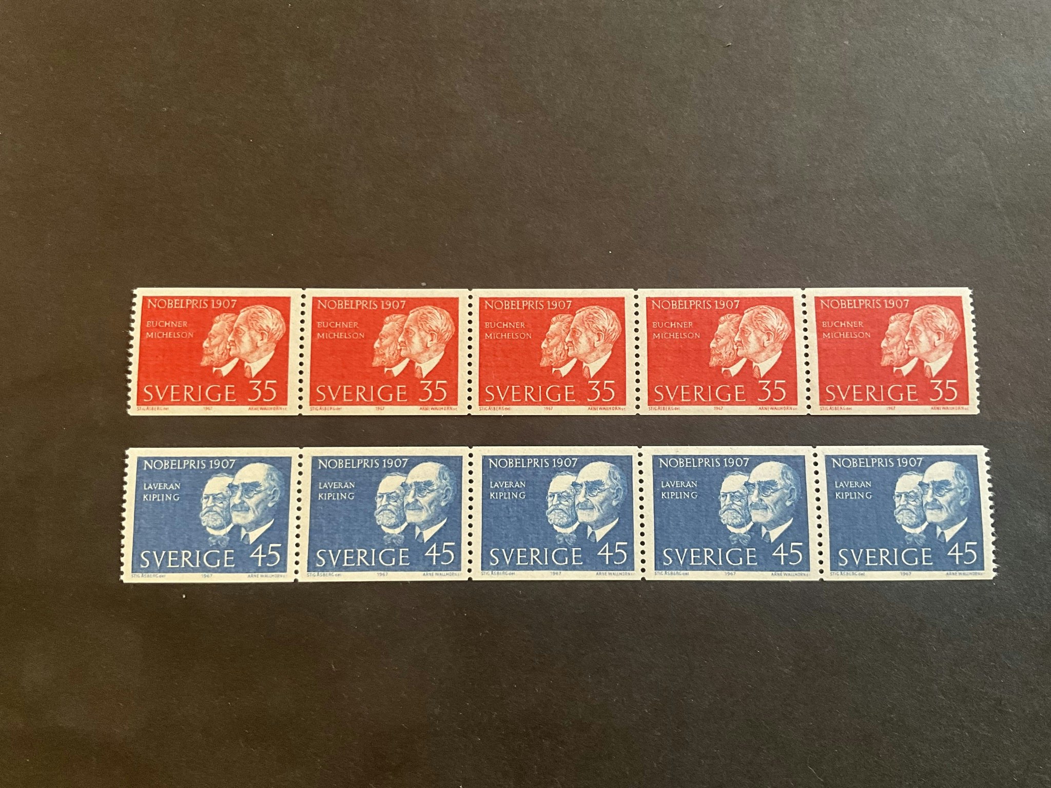 Nobelpristagare 1907 facit nr 618 A och 619 A postfriska 5-strip