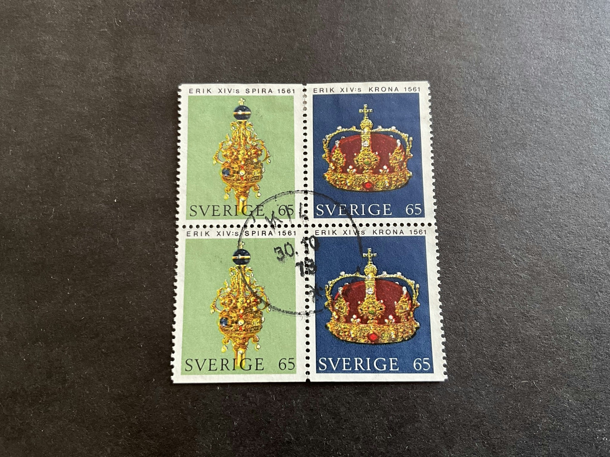 Riksregalierna facit nr 741+742 BB i stämplat 4-block