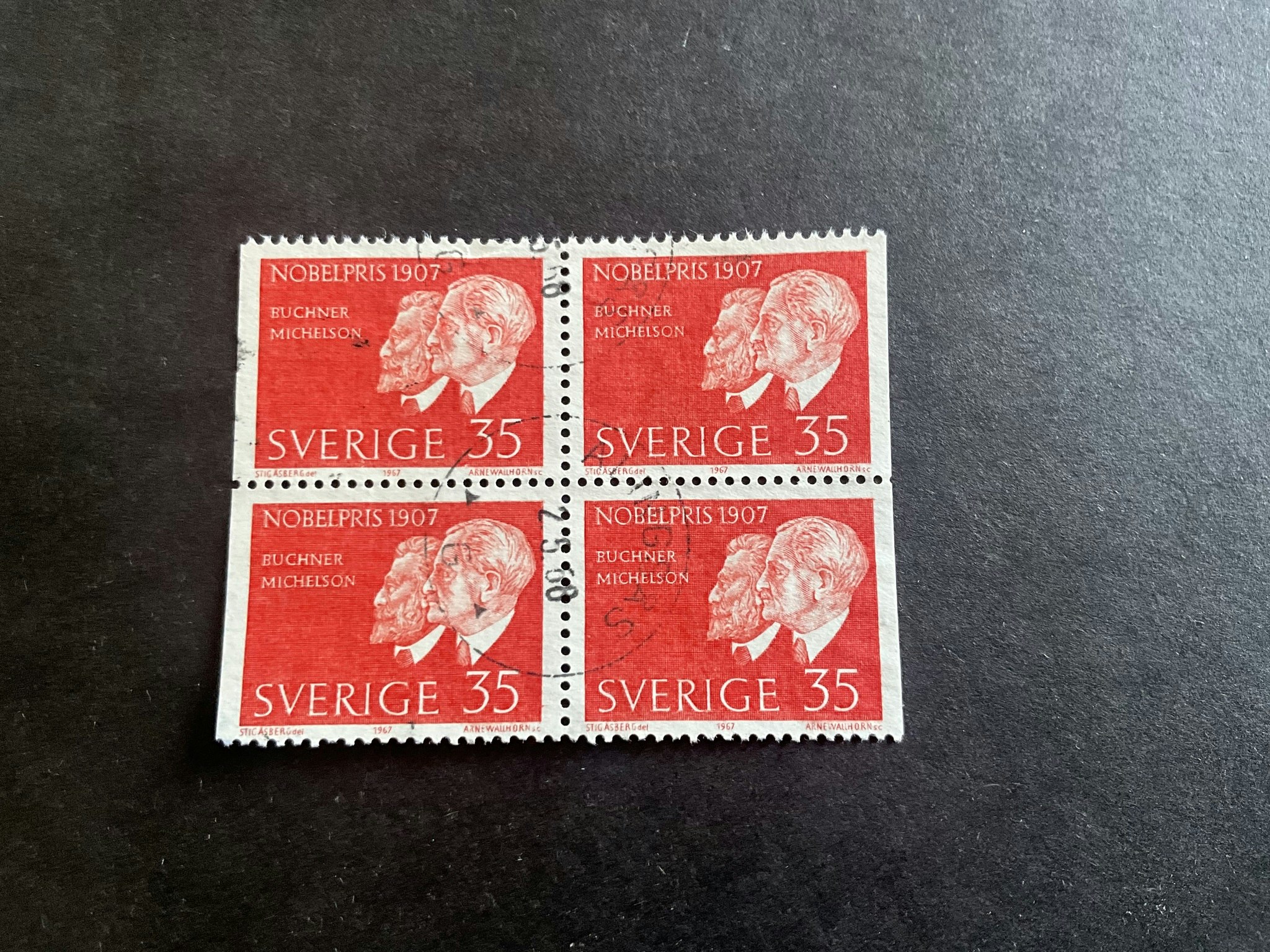 Nobelpristagare 1907 facit nr 618 BB i stämplat 4-block