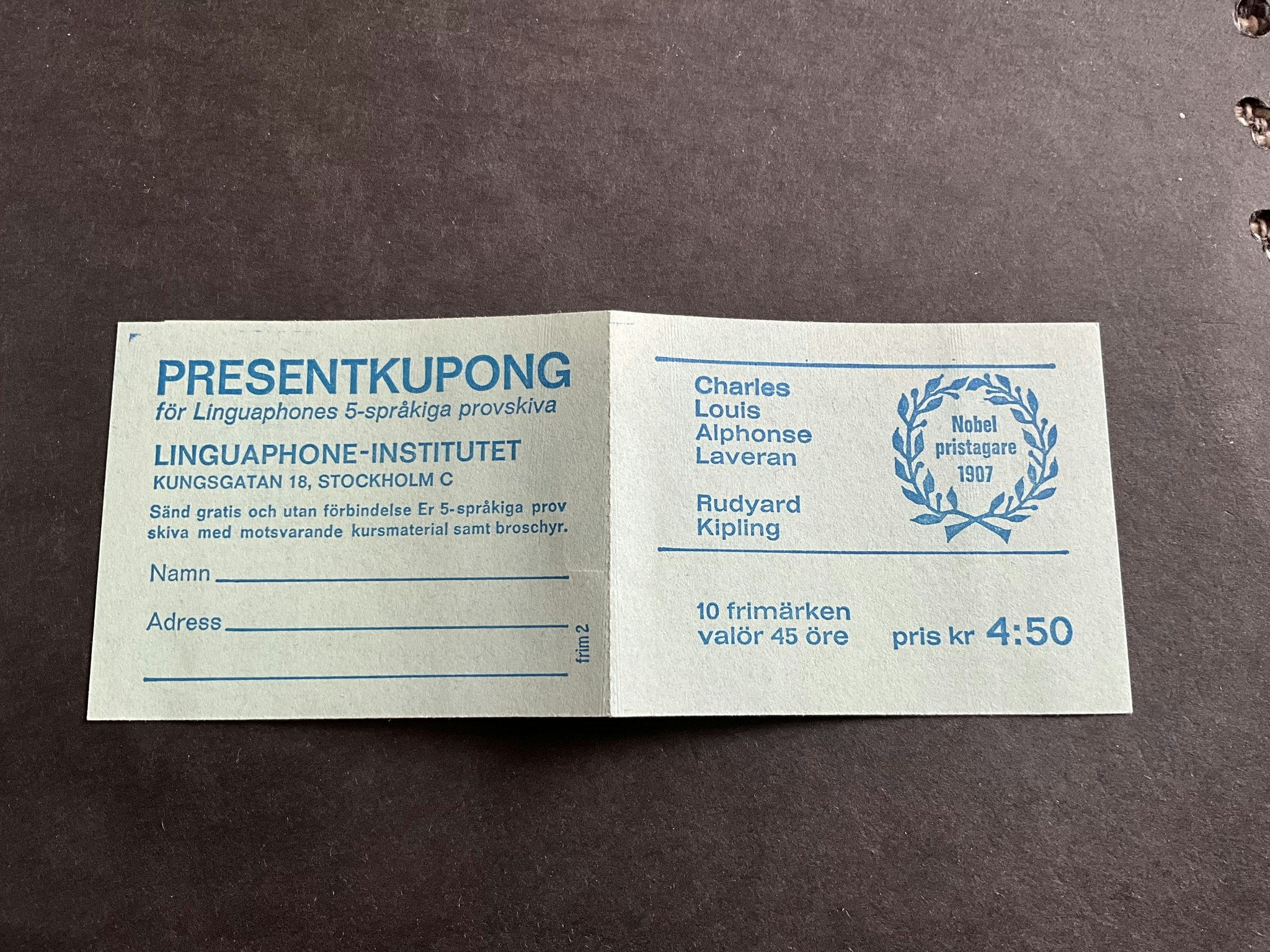 Nobelpris 1907 facit nr H 201 postfriskt häfte