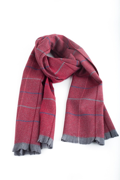 Check Wool Scarf - Red/Navy Blue/Grey