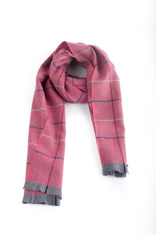 Check Wool Scarf - Pink/Navy Blue/Grey