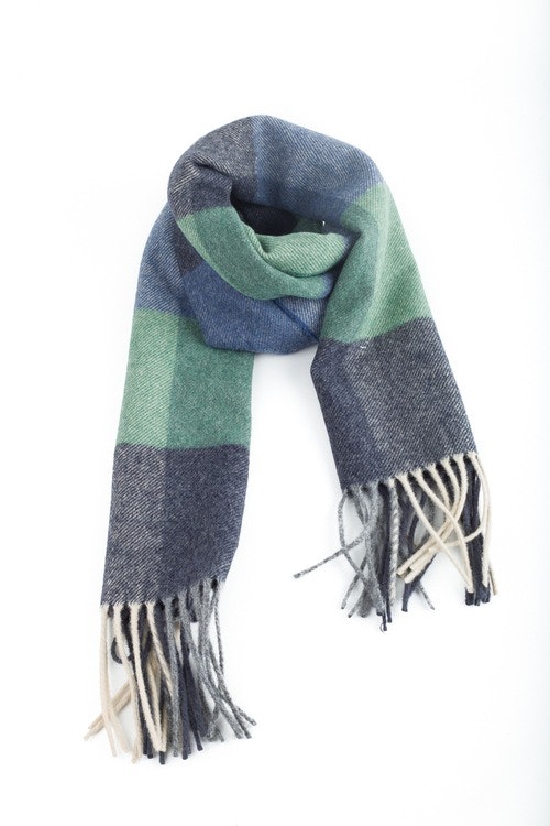 Plaid Wool Scarf- Grey/Blue/Green