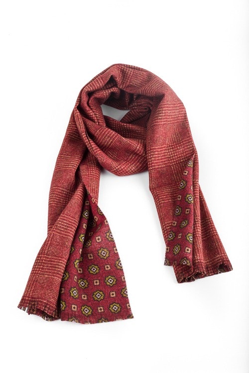 Medallion/Plaid Wool Scarf - Double - Rust/Green