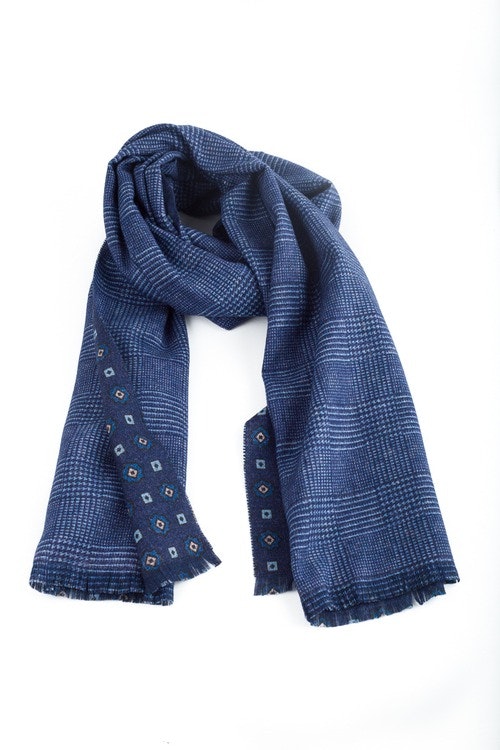 Medallion/Plaid Wool Scarf - Double - Navy Blue/Light Blue