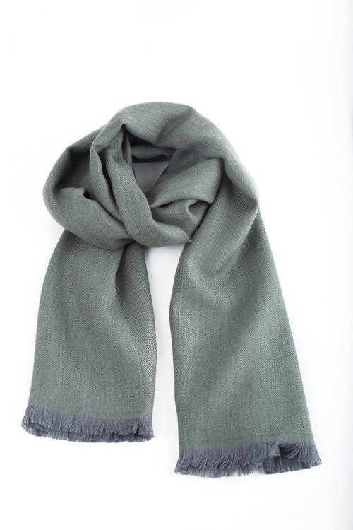 Herringbone Wool Scarf - Olive Green/Grey
