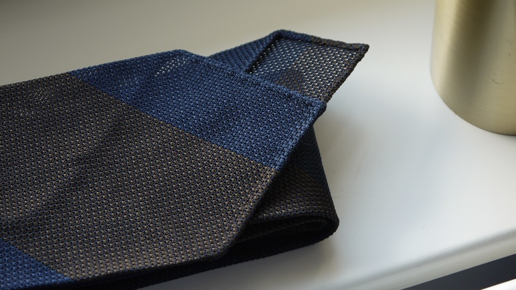 Blockstripe Silk Grenadine Tie - Untipped - Brown/Navy Blue