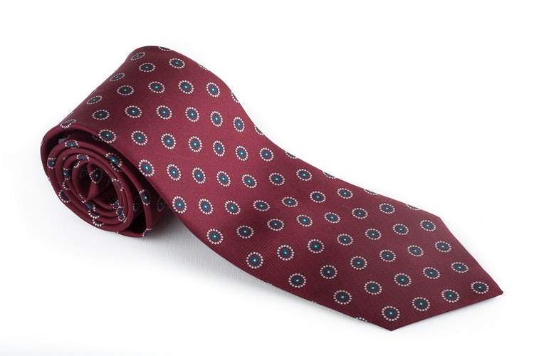 Floral Printed Silk Tie - Burgundy/White/Turquoise