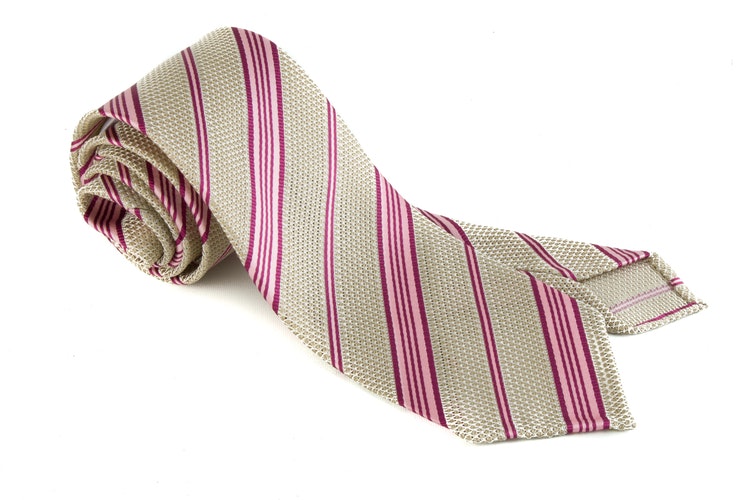 Regimental Silk Grenadine Tie - Untipped - Beige/Pink