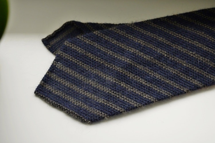 Regimental Wool Grenadine Tie - Untipped - Navy Blue/Beige