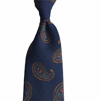 Paisley Printed Wool Tie - Untipped -  Navy Blue/Orange