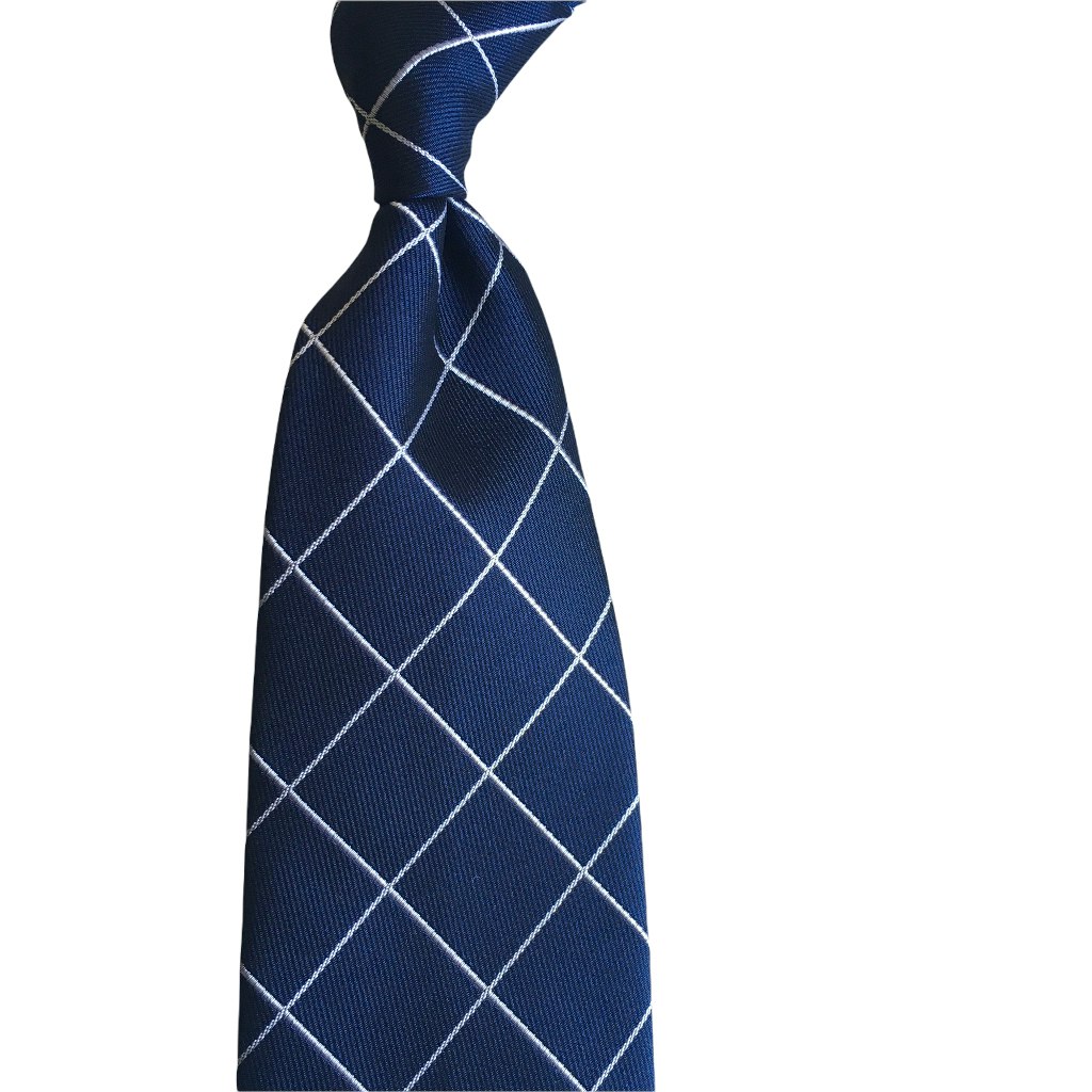 Large Check Silk Tie - Untipped - Navy Blue/White