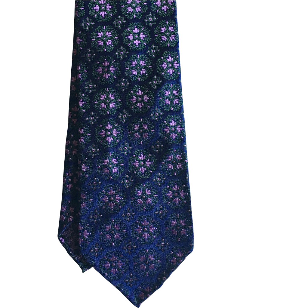 Medallion Silk Tie - Untipped - Navy Blue/Green/Pink