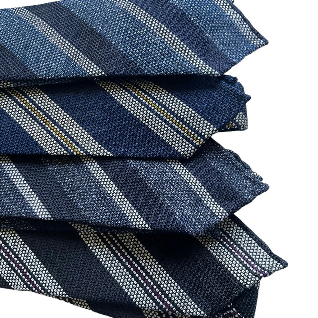 Striped Silk Grenadine Tie - Untipped - Mid Navy Blue/White/Yellow