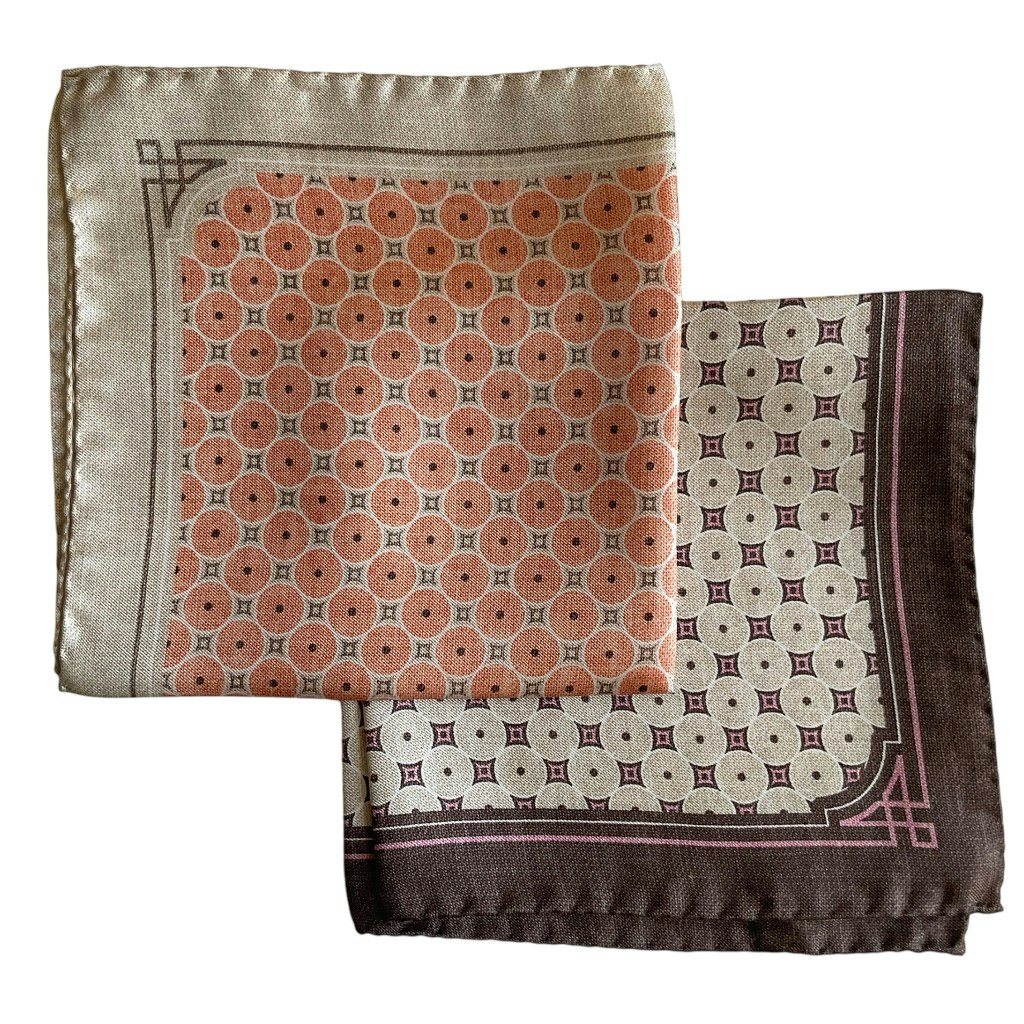 Circular Silk Pocket Square - Orange/Beige