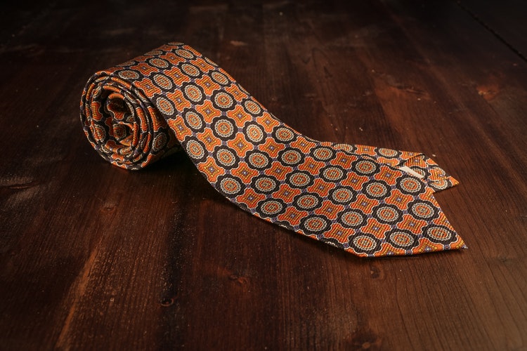 Medallion Vintage Silk Tie - Navy/Orange