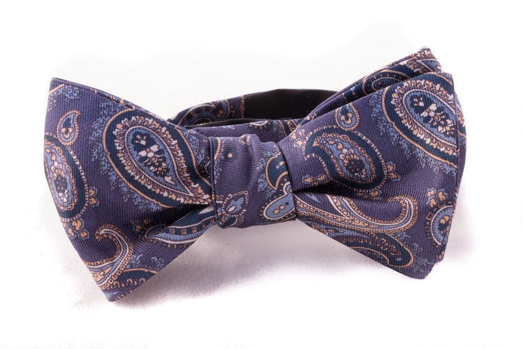 Paisley Vintage Silk Bow Tie - Navy Blue/Grey