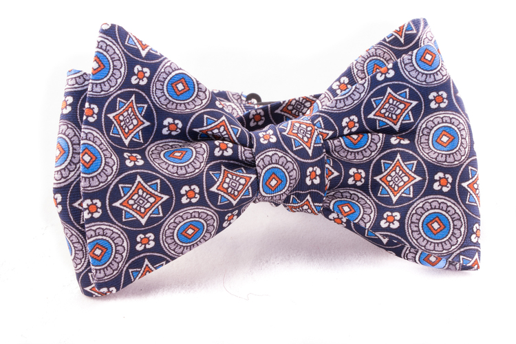Medallion Silk Bow Tie - Navy Blue/Orange