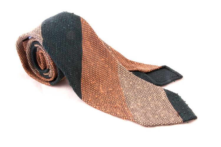 Blockstripe Shantung Grenadine Tie - Untipped - Green/Rust/Beige