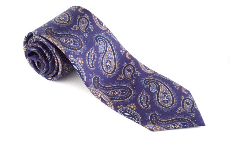 Paisley Vintage Silk Tie - Navy Blue/Light Blue/Yellow