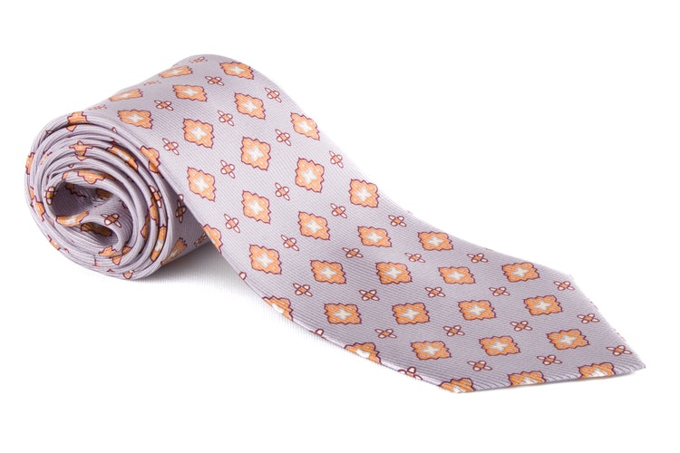 Medallion Vintage Silk Tie - Silver/Beige/Yellow