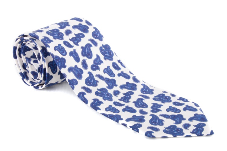 Paisley Cotton Tie - White/Navy Blue