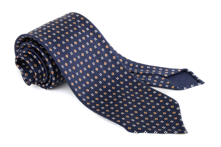 Micro Printed Silk Tie - Untipped - Navy Blue/Olive/Red/White