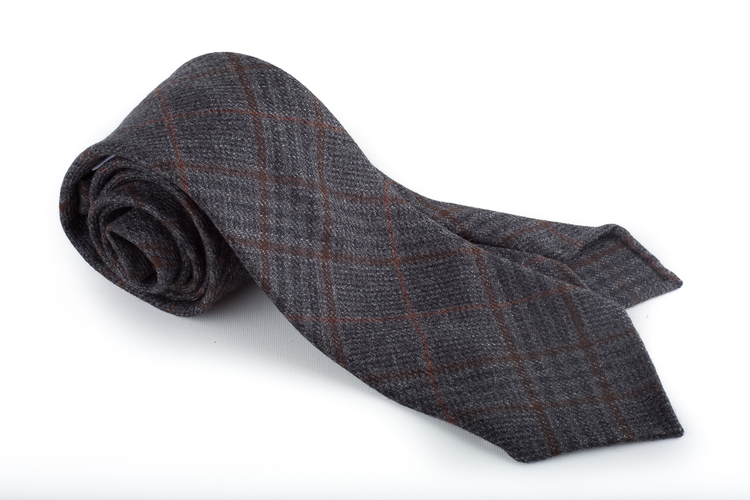 Plaid Wool Untipped Tie - Dark Grey/Brown