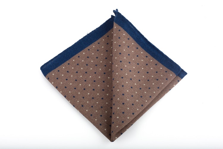 Pindot Wool Pocket Square - Beige/Navy Blue