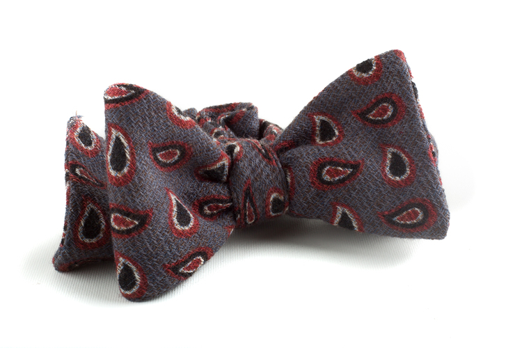 Self tie Wool Paisley - Grey/Red/Navy Blue/White