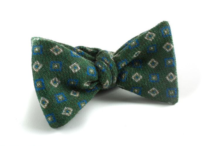 Self tie Wool Square - Green/Navy Blue/White