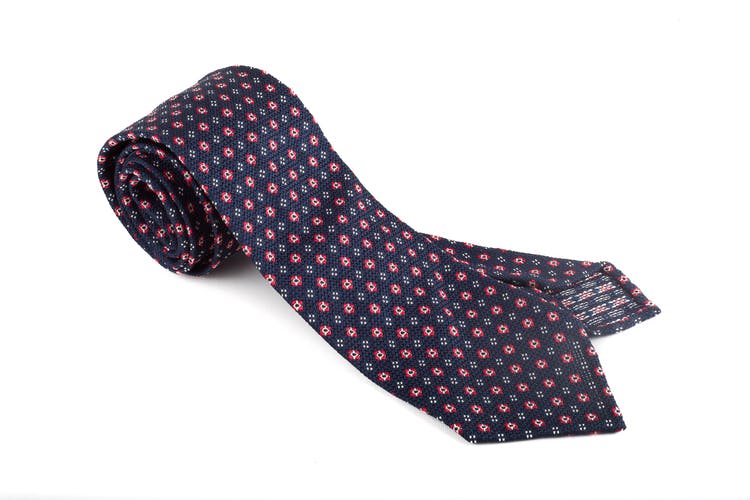 Floral Silk Grenadine Tie - Untipped - Navy Blue/Red/White