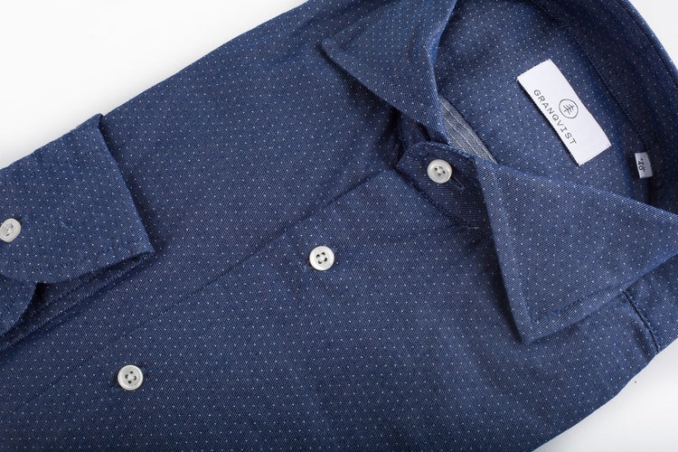 Pin Dot Cotton Shirt - Navy Blue/Light Blue