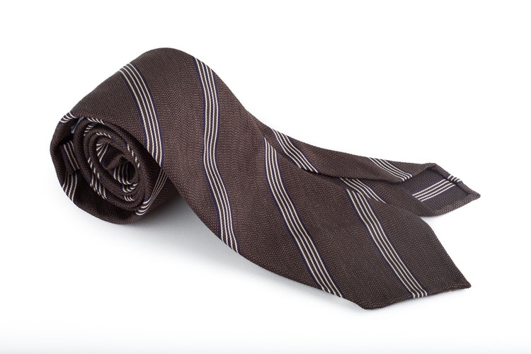 Regimental Textured Silk Tie - Untipped- Brown/White