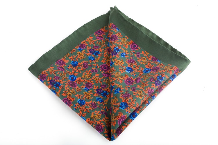 Floral Vintage Silk Pocket Square - Green/Orange/Blue/Purple