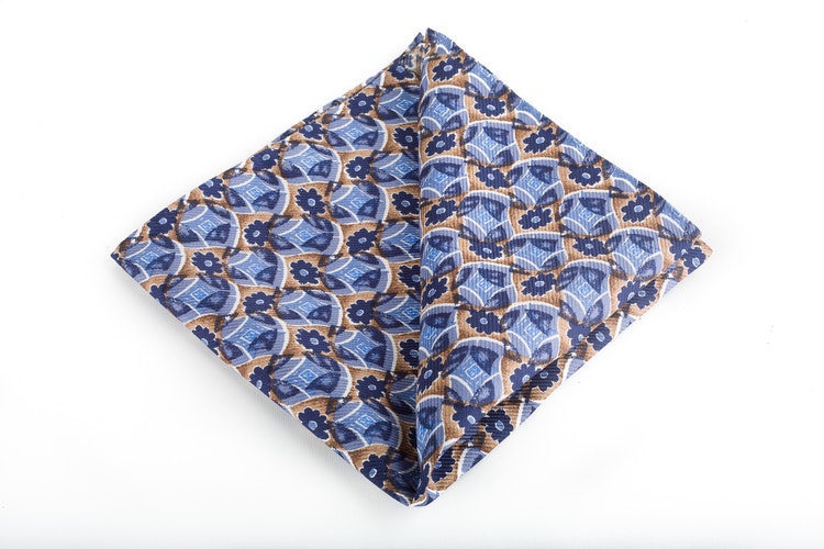 Floral Vintage Silk Pocket Square - Light Blue/Navy Blue/Beige