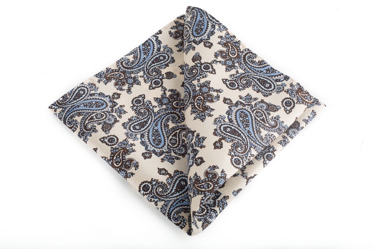 Paisley Vintage Silk Pocket Square - Off White/Brown/Light Blue