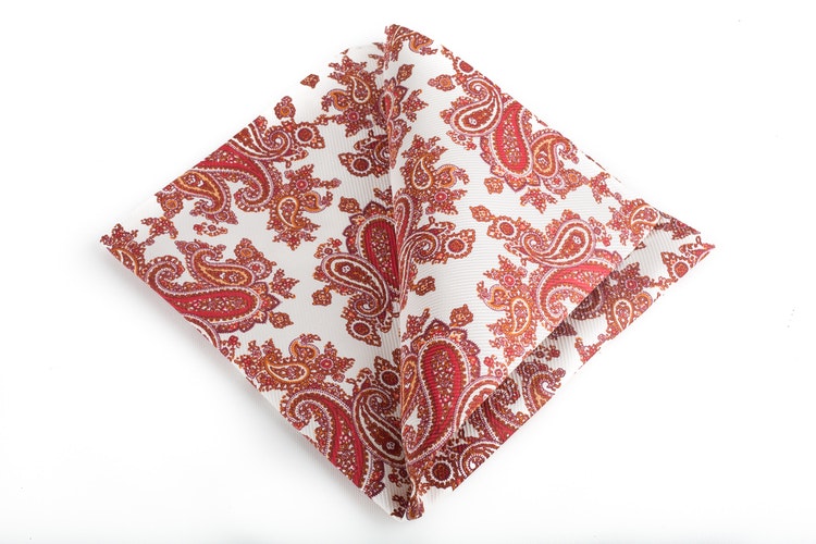 Paisley Vintage Silk Pocket Square - White/Orange/Red