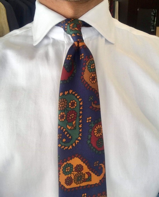 Paisley Printed Silk Tie - Untipped - Navy Blue/Red/Green/Yellow