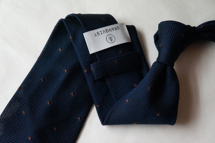 Polka Dot Silk Grenadine Tie - Untipped - Navy Blue/Brown