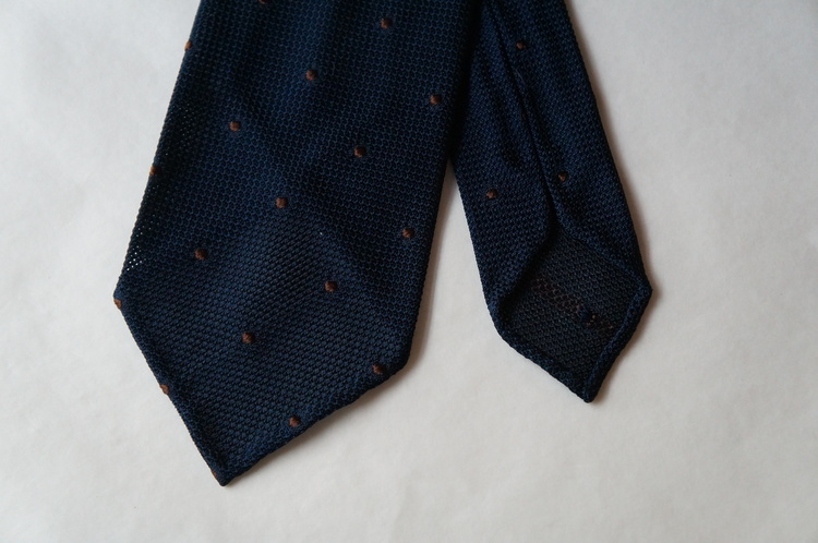 Polka Dot Silk Grenadine Tie - Untipped - Navy Blue/Brown